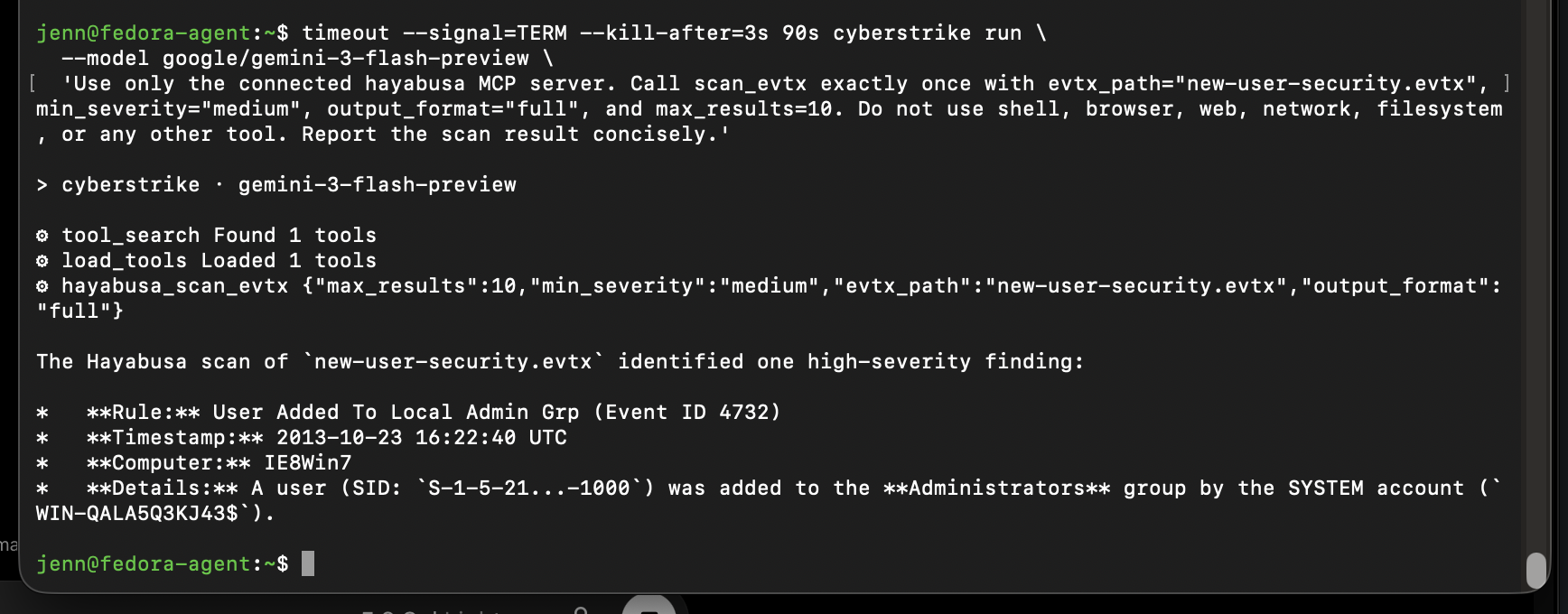 The harness returning a structured Hayabusa MCP finding from an approved EVTX file